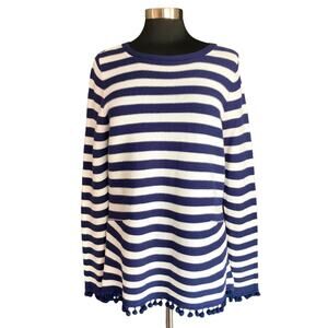 Soft Surroundings Blue White Stripe Nautical Knit Tunic Pompom Trim Size Large